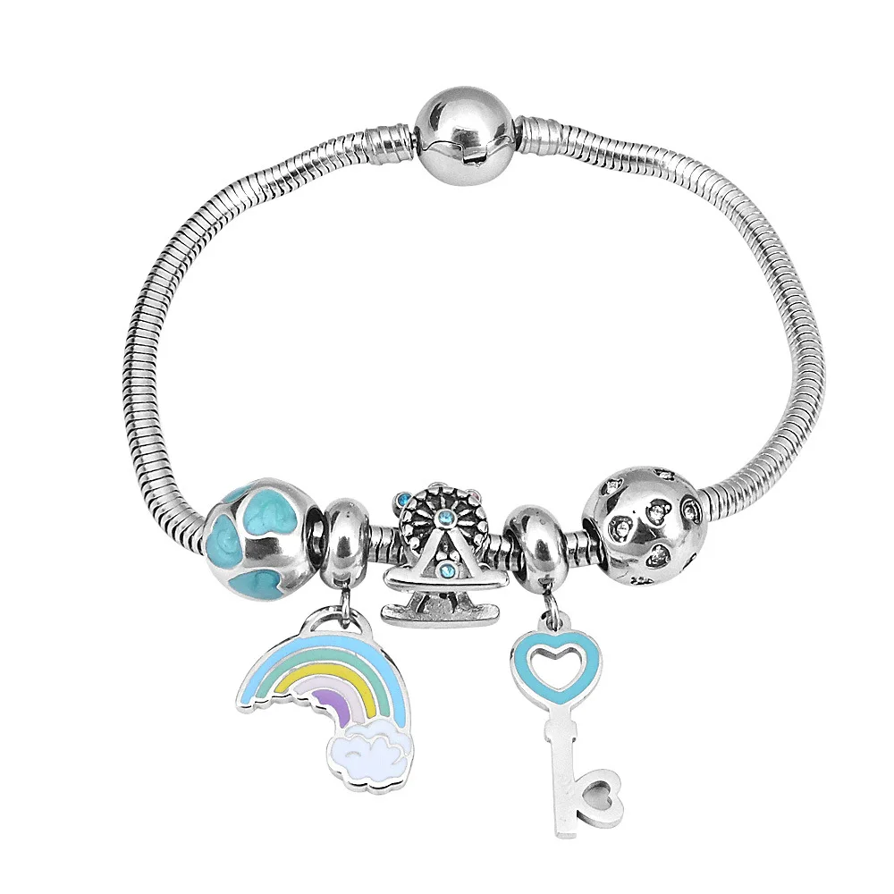 新しいレインボーフェリスホイールペンダントブレスレットヨーロッパとアメリカのシンプルな手作りdiyステンレススチールビーズビーズブレスレット Buy ホットアイテムプロモーションブレスレット21ジュエリー Diyのジュエリービーズ合成ピンクオパールビーズ 永久