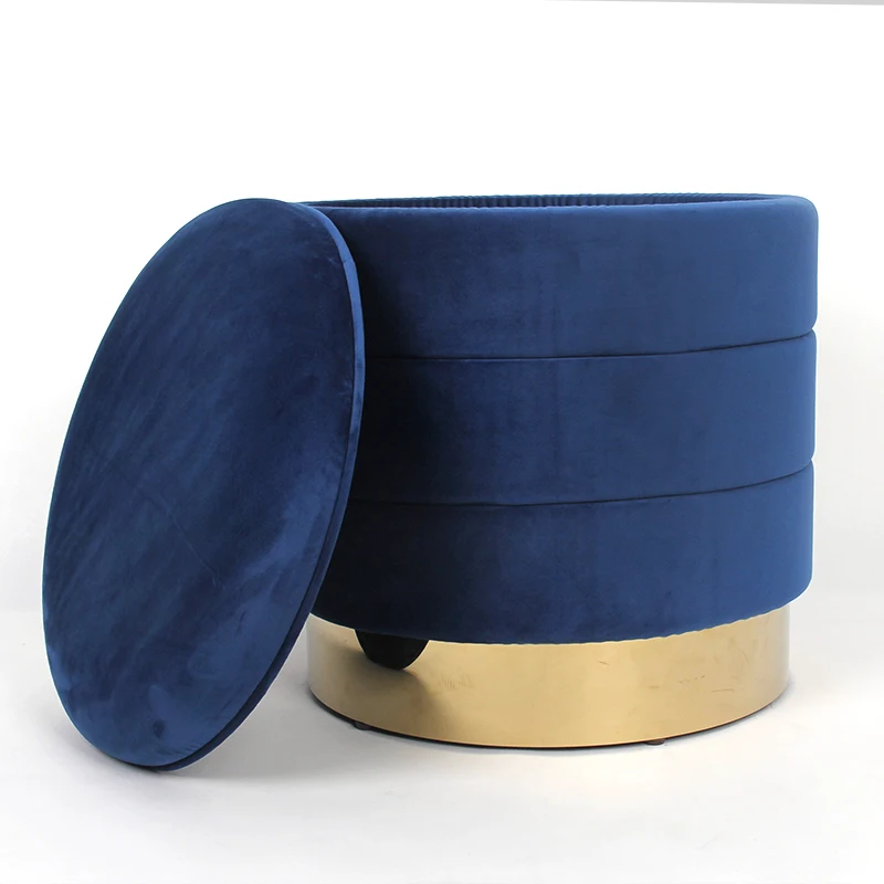 HStex High Quality Modern Design Round Seated Storage Cloth Footstool Ottoman Empire Velvet Gold Metal Base