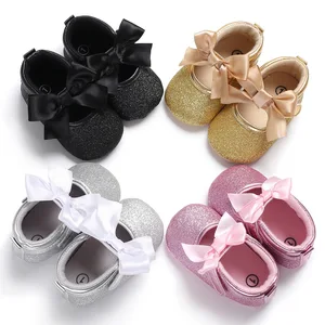 Oem Odm Bow Sequin Glitter Pre Walker Baby Shoes 0-12 Months Solid Color First Walkers Baby Shoes Baby Princess Shoes