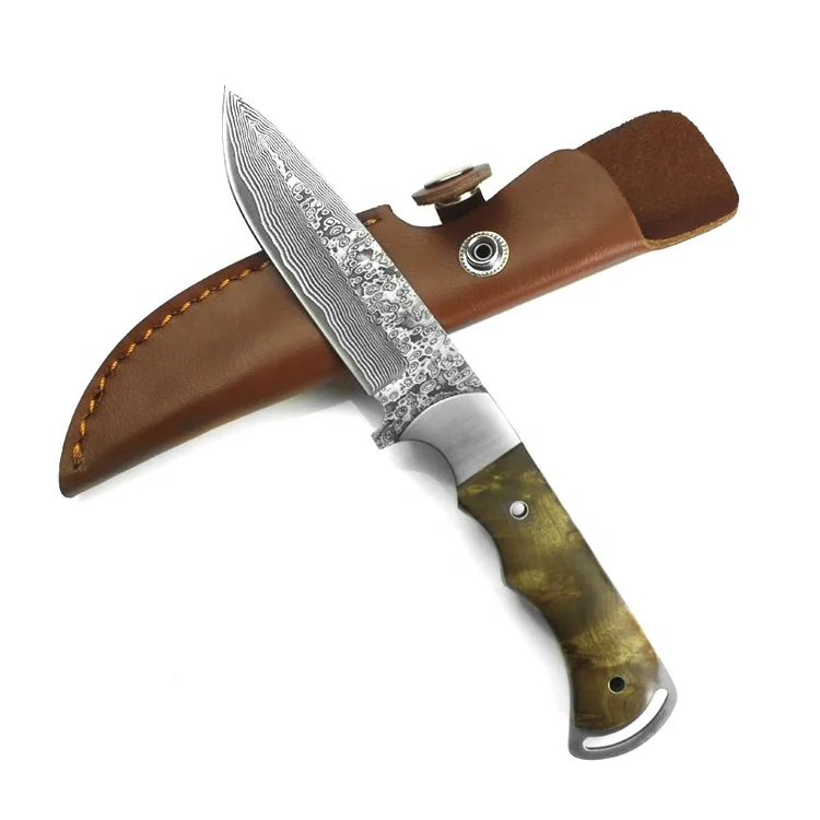 Alta qualidade 67 Faca de lâmina fixa de camada de damasco feita faca de caça de aço damasco e bainha de couro