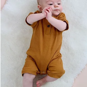 Summer ribbed short sleeve baby romper solid one piece infant jumpsuit cotton soft unisex toddler kids clothes