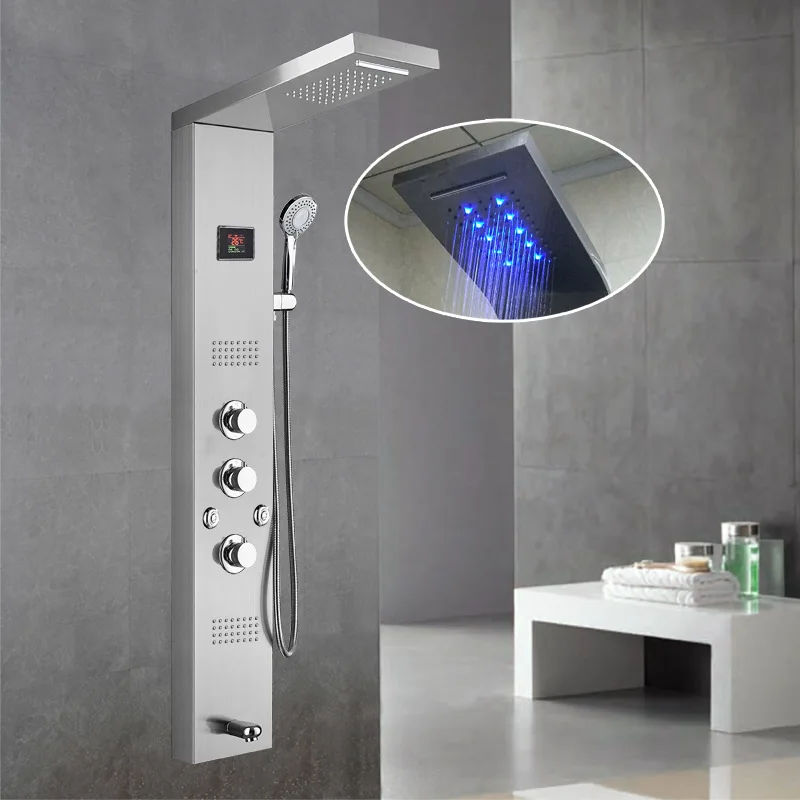 Shower Panel Waterfall Shower Column Set Tower Massage Body Jets Led Shower Wall Panels Bathroom Wall Mounted Stainless Steel