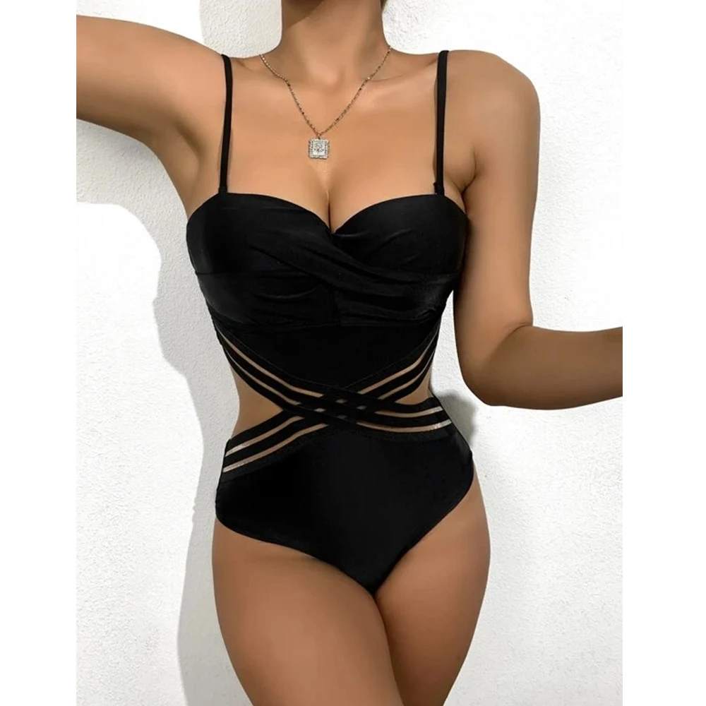 TW132 Sexy Hot Sale Backless Swimwear Contrast Mesh Cross Bathing Suit 2021  Custom One-piece Swimsuit Push up Swimwear