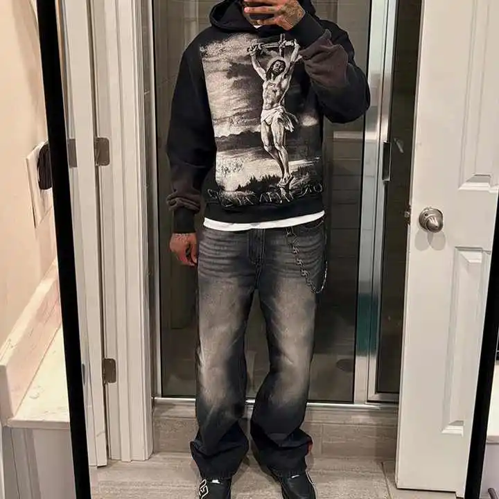 Custom Streetwear High Waits Cotton Faded Straight Baggy Acid Washed Distressed Stacked Trousers Denim Pants Jeans Pants for Men