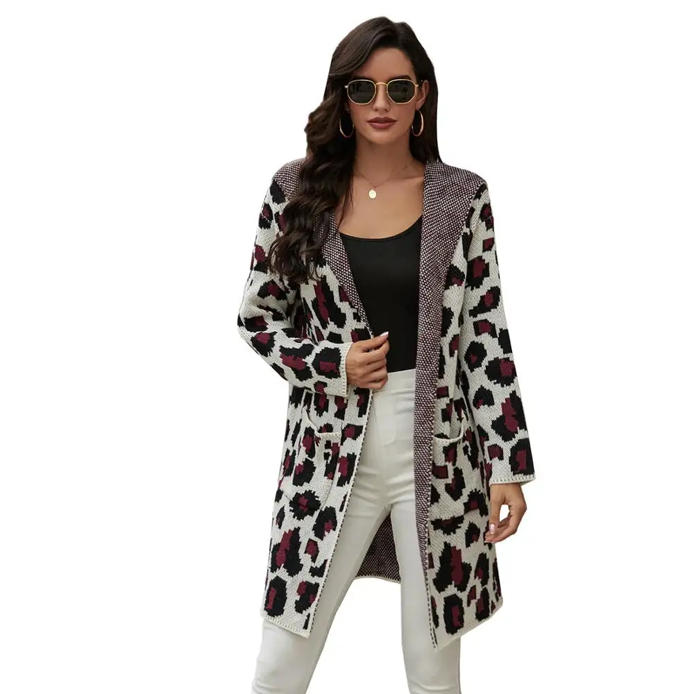New Fashion Autumn Winter Women Long Sleeve Cardigan Leopard Plus Front Open Knitted Casual Sweater Coat With Pocket - Buy Knitting Patterns Sweater Coat,Long Gabardine Coat,Ladies Long Sweater Product