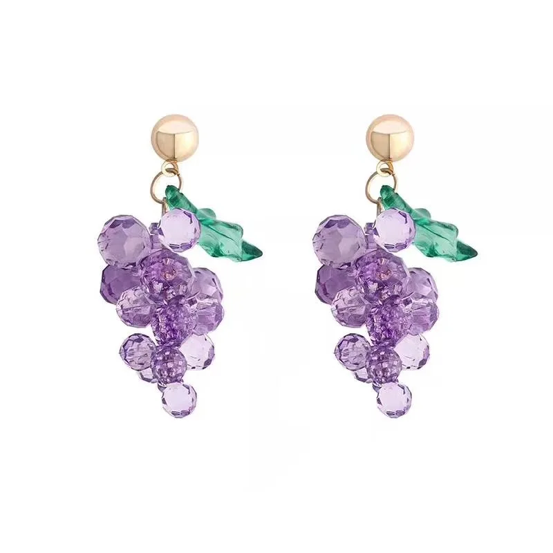 Ladies High Quality Sweet Fruit Food Jewelry Purple Beads Aesthetics  Accessories 3d Green Leaf Crystal Grape Dangle Drop Earring - Buy New 3d  Red Love