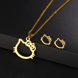 Personality Creative Cat Pendant Necklace & Ear Stud Set Stainless Steel Gold Plated Unisex Clavicle Chain Jewelry Gift