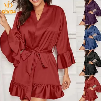 New Women Satin Dress Sleeve Ruffle Hem Nightwear Loose And Comfortable Lady Sexy Lace Sleepwear