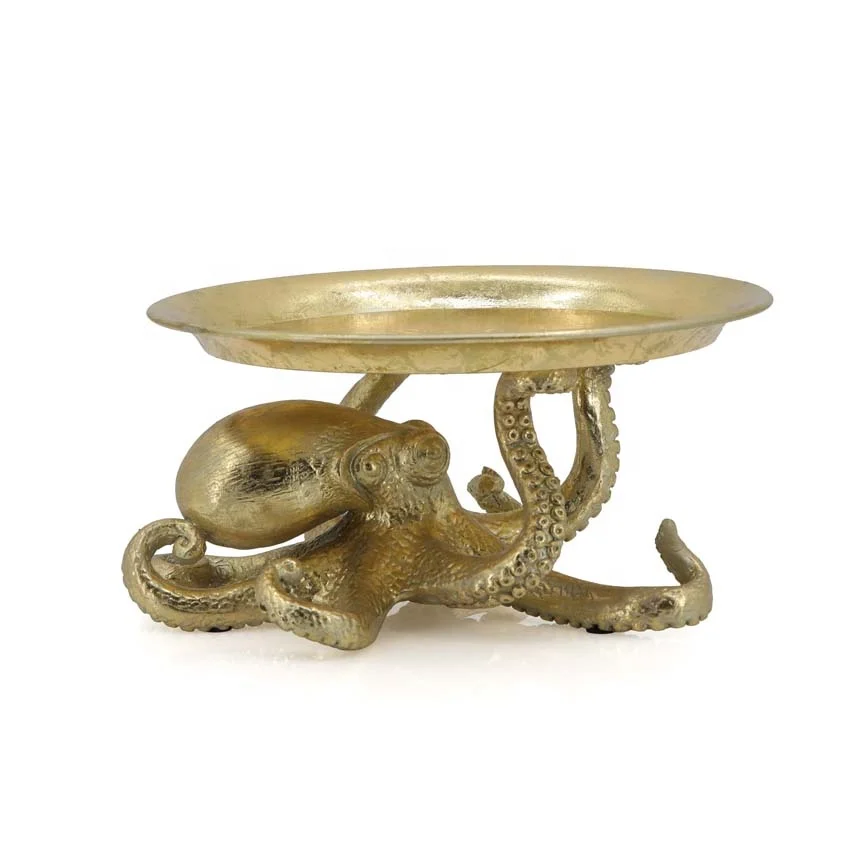 Resin Gold Octopus Holding Metal Serving Tray Ocean Collection Animal Sculpture For Home Decoracion