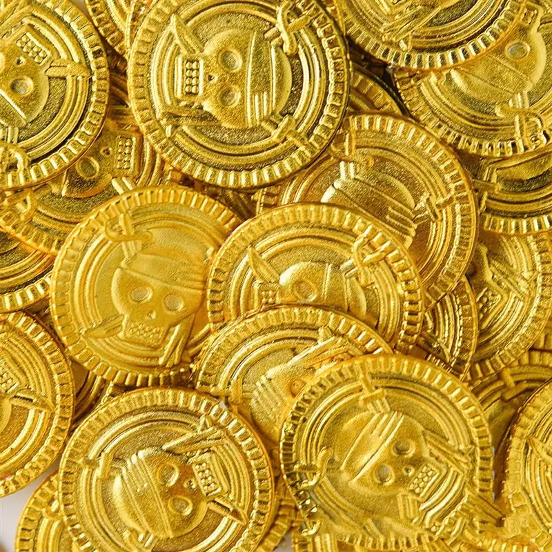 Amosfun monete finte tesoro dei pirati moneta doro rifornimenti del partito pirata lotteria monete oggetti di scena giocattoli per bambini 100 pezzi denominazione 100 