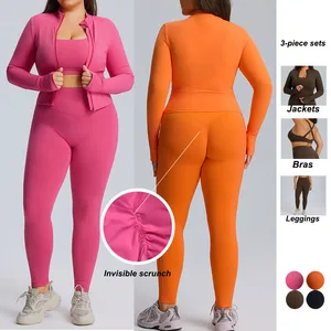 3-piece Set Plus Size Yoga Wear Outfits Skin Friendly Activewear Sets High Elastic Tummy Control Fitness Gym Running Clothes