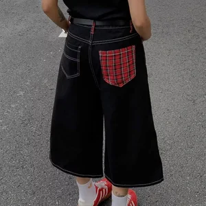 Viviblook Z612PT01 Casual High Street Red Plaid Denim Cropped Pants for Women's Summer New Loose Straight Wide Leg Mid Pants