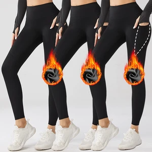 Women High Waist Thick Thermal Leggings With Pocket Polyester Warm Winter Fleece Lined Yoga Leggings