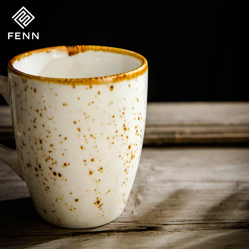 FENN Factory Manufacture OEM ODM Custom 400ML Rustic Spray Glaze Porcelain Mug Cups White Vintage Style Speckled Coffee Mug