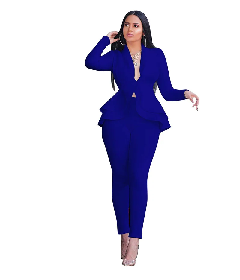 Fall Winter Women Uniform Set Full Sleeve Ruffles Blazers Pencil Pants Suit Two Piece Set Office Lady Outfits