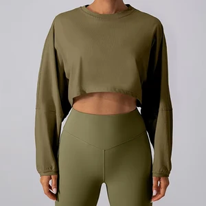 Women Loose Long Sleeve Quick Dry Breathable Crop Top for Autumn Yoga Gym Running Casual Wear