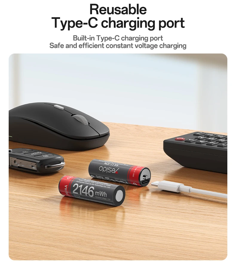 Yesido 1430mAh Large Sufficient Capacity Type-C Charging Port Recyclable AA Battery Rechargeable Battery YP88