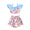 Pink Rose Floral Blue Off Shoulder 2PCS Set