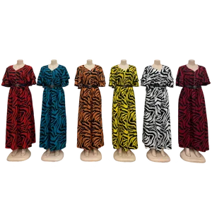 Wholesale Fashion Printed Muslim Robe Short Sleeve V-neck Women Casual High Waist Dress