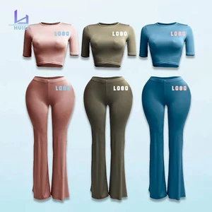 Huili Manufacturer Oem Premium Knitted O Neck Short Sleeve Crop Top Flare Legging Pajamas Cotton Women's Summer Loungewear Sets