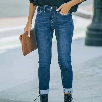 2022 European and American Cross-border Autumn Winter New Streetwear Style, Plain Washed Dark Denim Stretch Pants for Women