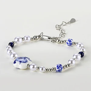Chinese Style Retro Vintage Irregular Imitation Pearl Flower Ceramic Heart Blue Flower Porcelain Bracelet for Women Ladies