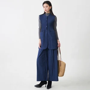 2025 Women's Vest Cotton Coat and Straight Cotton Pants Set High Quality Miyake Pleated Set Wholesale Elegant Two-piece Set