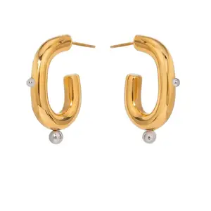 Fashion C-Shape Steel Bead Stainless Steel Hoop Stud Earrings Gold Plated Big Hollow Hoop Earrings Trendy Style