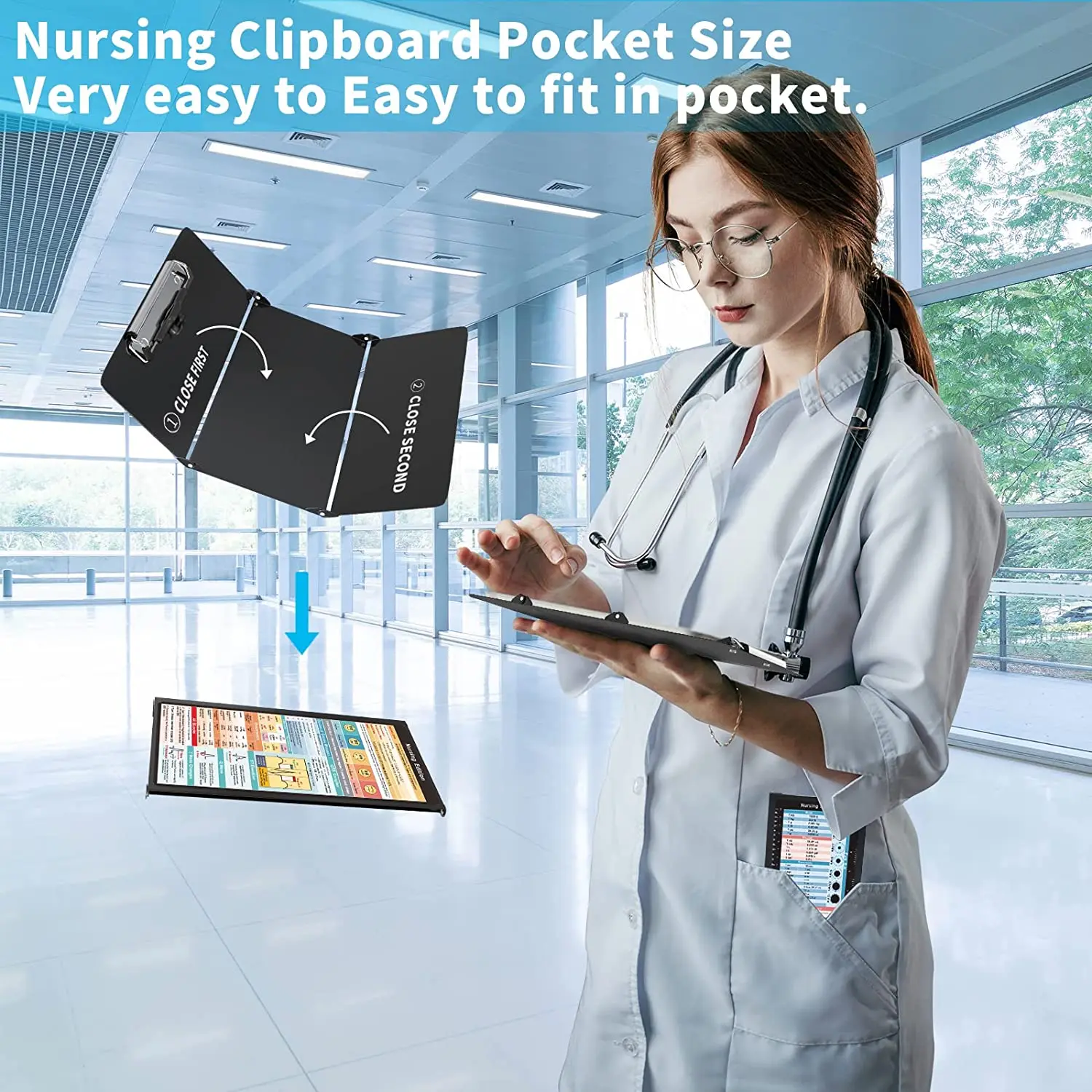 Nursing Clipboard with Nursing and Medical Edition Cheat Sheets 3 Layers Aluminum Foldable Nurse Clip Boards Notepad for Student