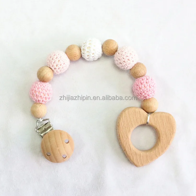 Personalised Wooden Dummy Clip Natural Grey Crochet Baby gift Unisex Christening 