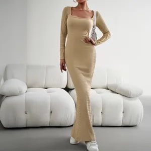 2025 New Women's Clothing Sensual Fit Waist-Hugging Dress Pure Color Long-Sleeved Versatile Long Dress