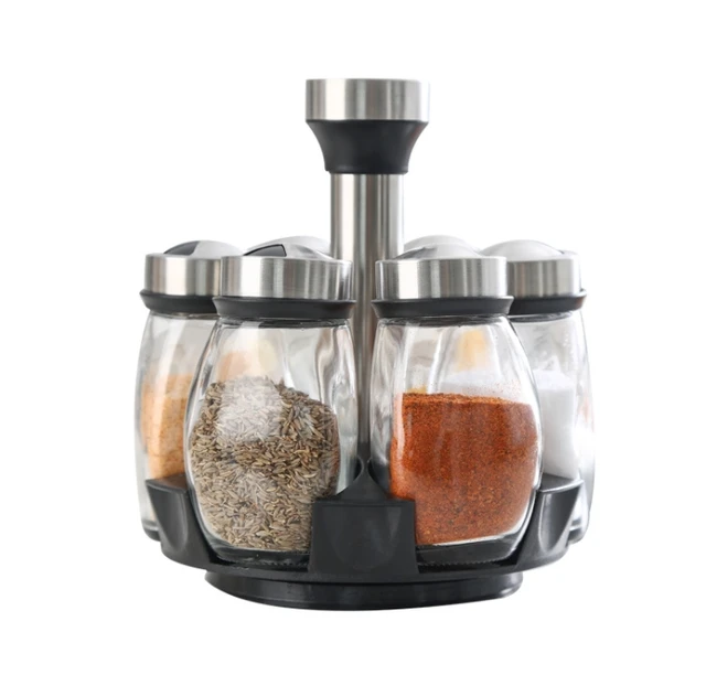 Kitchen Glass Seasoning Bottle Temperos Condimento Pepper Salt Shaker Spice Container Spice Jar With Rotatable Rack