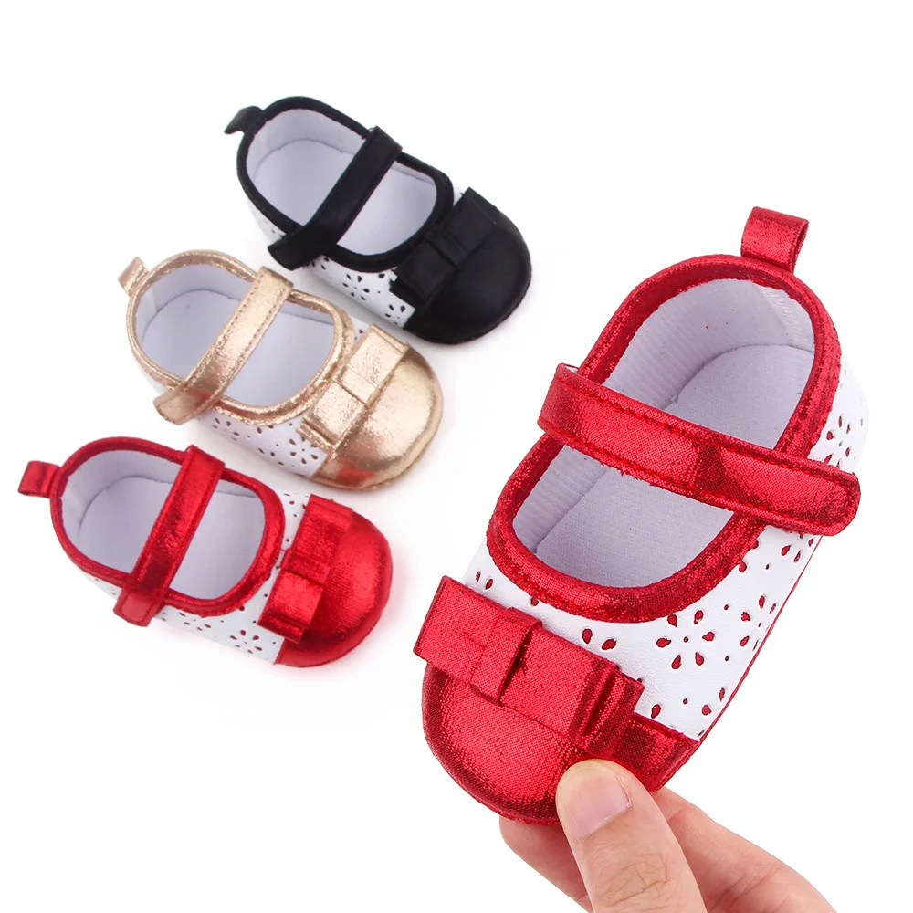 Baby Girls Bow Hollowed Flowers Sparkly Color Matching Princess Soft Soled Toddler Shoes