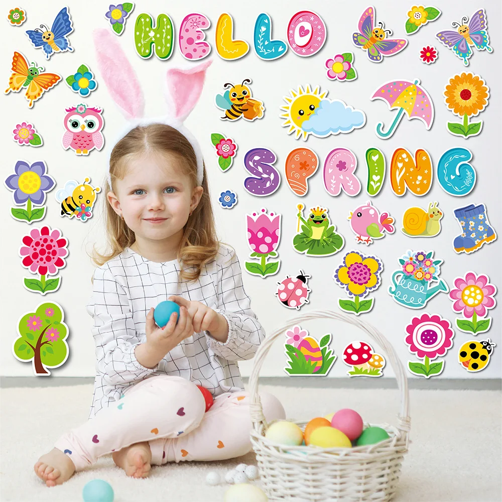 Hello Spring Cutouts Spring Bulletin Board Decoration Set  DIY Paper Cutouts with 100Pcs Glue Points Seasonal Classroom Wall Dec
