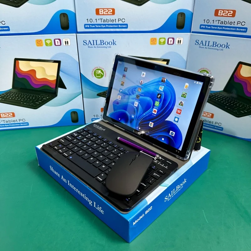 10 Inch Tablets With Sim Card SAILBook B22 10.1 Android Tablet HD Screen with a Keyboard and Mouse 5600mah Tablet Pc for Kids