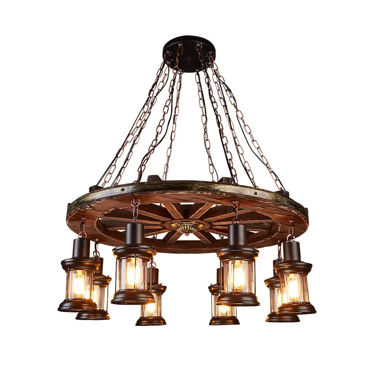 Country style LED  pendant lamp carved wooden wheel chandeliers 8-lights