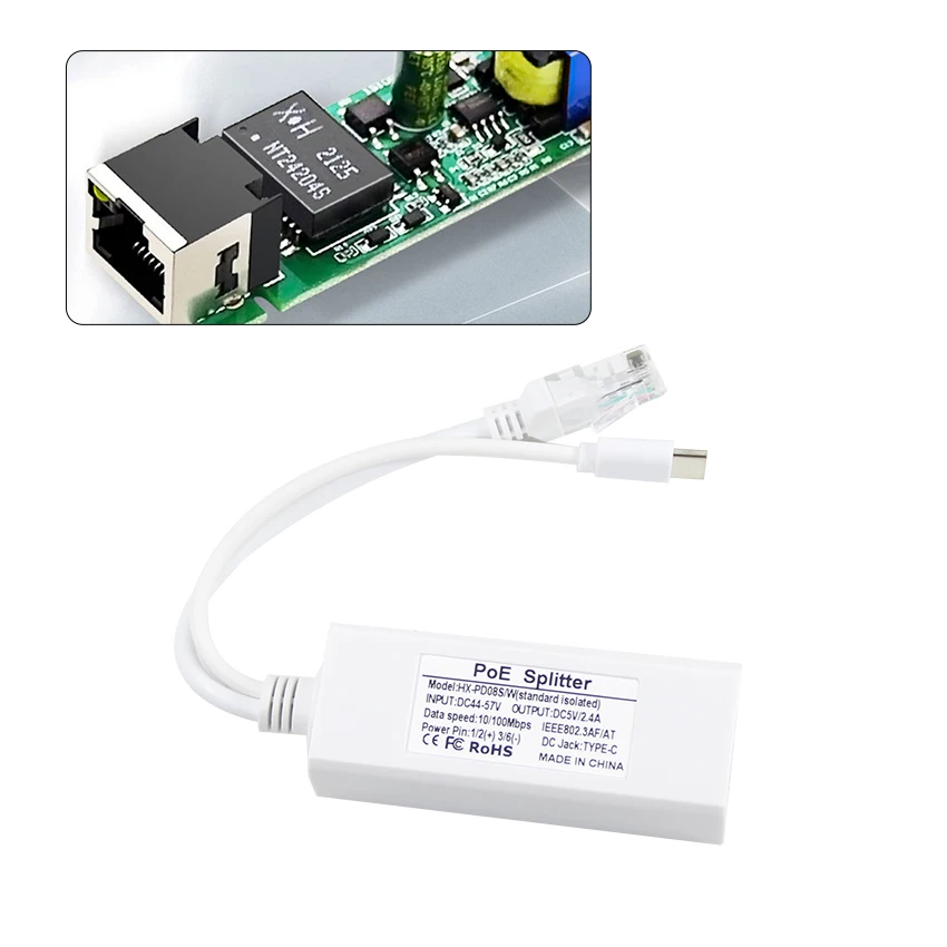Gigabit PoE Splitter Input 48V Output USB C 5V 2.4A with IEEE 802.3af/at Standard 10,100 Mbps for PoE IP Cameras