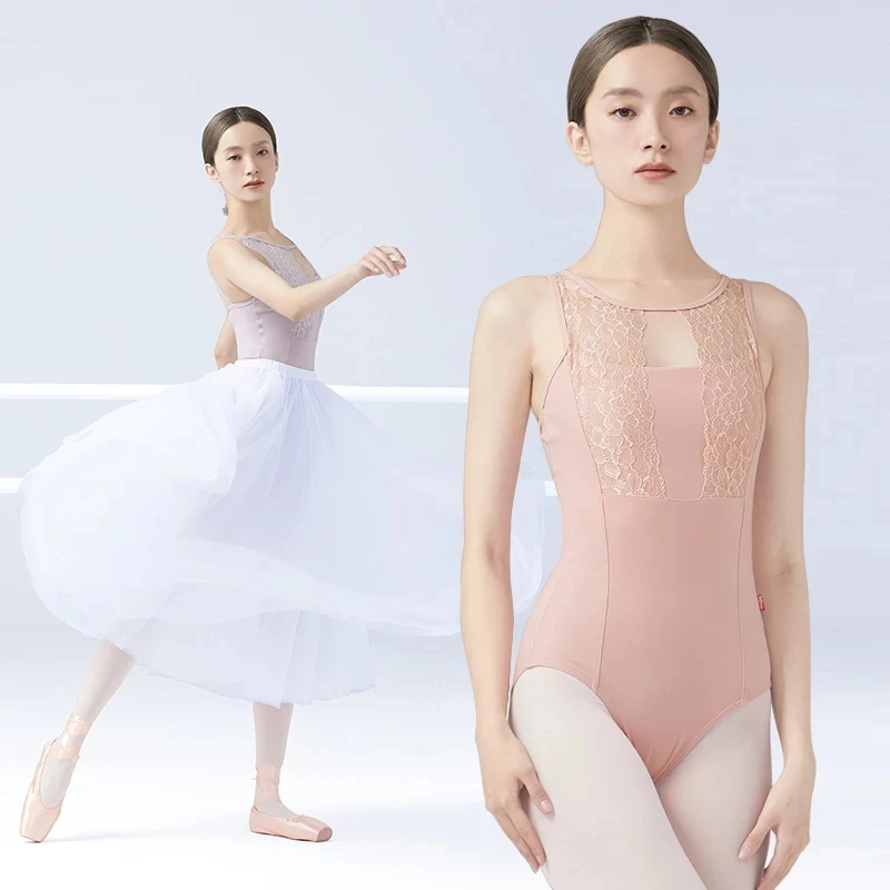 Leotardos de ballet para mujer, con encaje empalme sin mangas, de nailon,  para gimnasia/baile