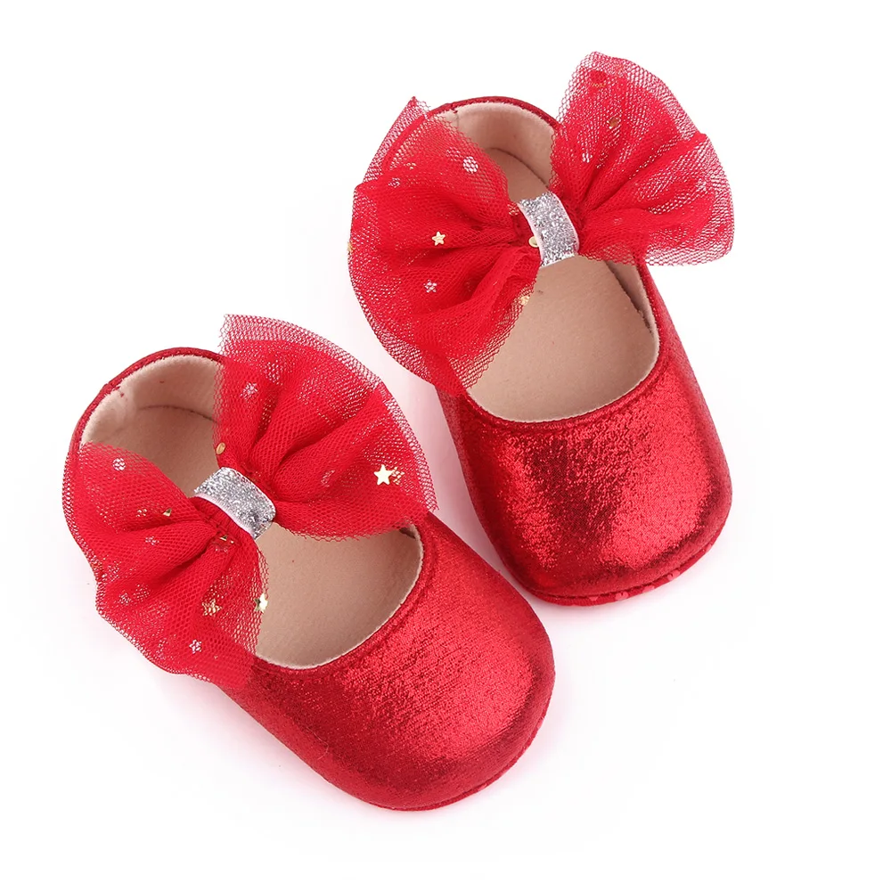 Mesh Big Bow Star Embellished Solid Color Sparkly Bright Baby Girls Princess Walking Shoes factory