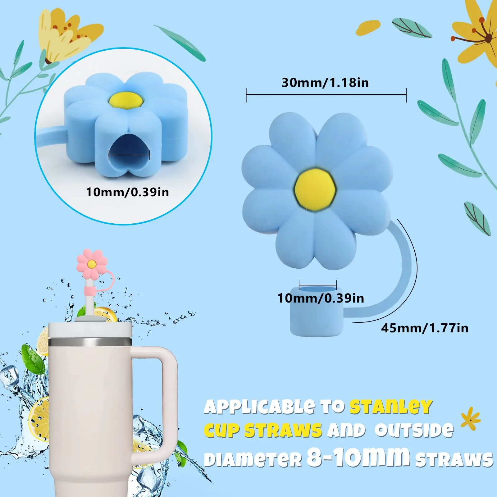 Custom 10mm Eco Friendly Reusable Silicone Straws Topper Lids Cover Colorful Flower Shape Cute