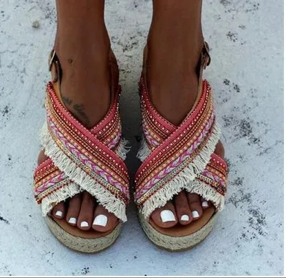 Women Bohemian Rome Beading Sandals Summer Beach Shoes Open Toe Flat Slippers 