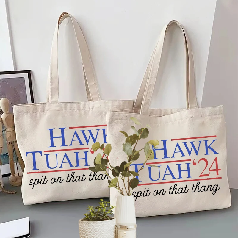 1pc Hawk Tuah Spit on That 2024 Pattern Tote Canvas Personalized Shoulder Bag for Travel Women's Reusable Shopping Bag