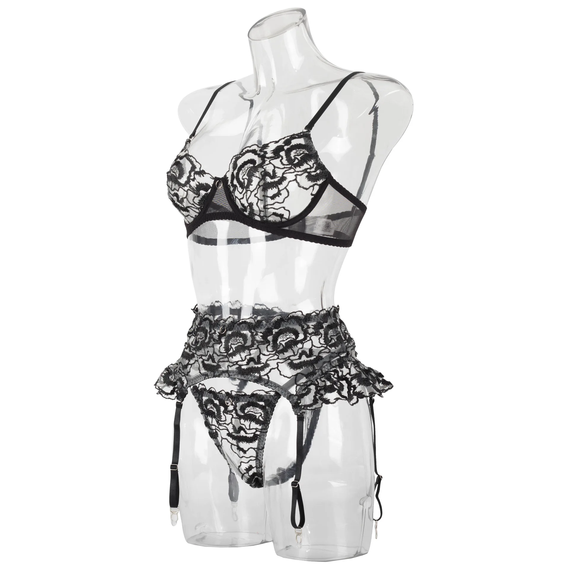 2023 Hot Selling Black Sexy Lingerie Set Women Sex Underwear 3 Piece Set Lasce Embroidery Seduce Sexy Lingerie