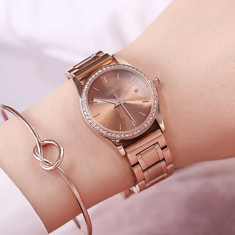 GUOU 6012 Drop Shipping Factory Quartz Watch Luxury Diamond Stainless Steel Band Vintage Auto Date Water Resist Wristwatch