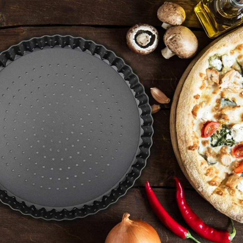 Pizza Pan Round Pizza Tray Carbon Steel Pizza Plate Punch Out the Bottom of  the Round Baking Tray