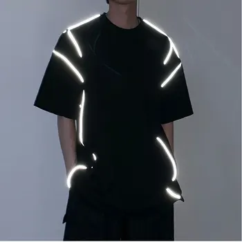 OEM Custom Service Hip Hop Drop Shoulder Black Reflective Striped Print T Shirt Sports Clothing Manufacturer For Men