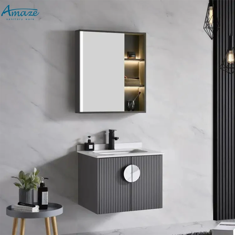 Factory custom dark grey waterproof new design plywood wall mounted bathroom sink vanity cabinet set manufacture