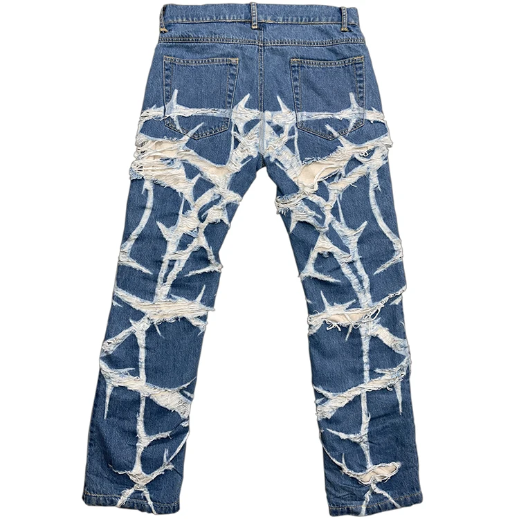 DiZNEW Mens Light Blue Jeans Screen Printing Distressing Whisker Straight Denim Jeans Mens Two Layers Loose Jeans factory