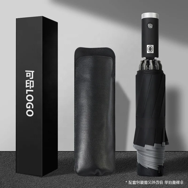 Автоматическые открыт, недалеко от обратного светодиодный зонт со светоотражающей полоской 3-складной бизнес Зонт обратного сложения с подсветкой