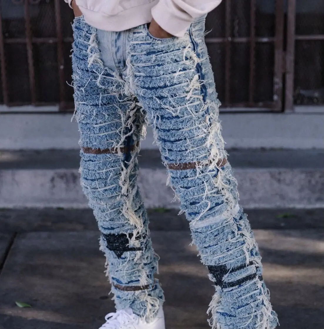 Sunisery Men's Regular Fit Stacked Jeans Patch Distressed Denim Pants  Streetwear,Light Blue